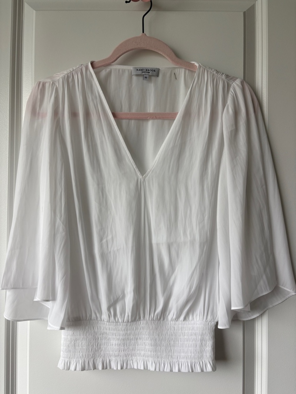 Ramy Brook White V-Neck Flutter Sleeve Smocked-Hem Top